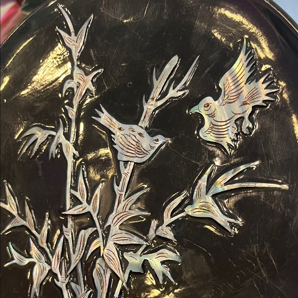 Lacquer Mother Of Pearl Inlayed Plate Vintage - Picture 4 of 7